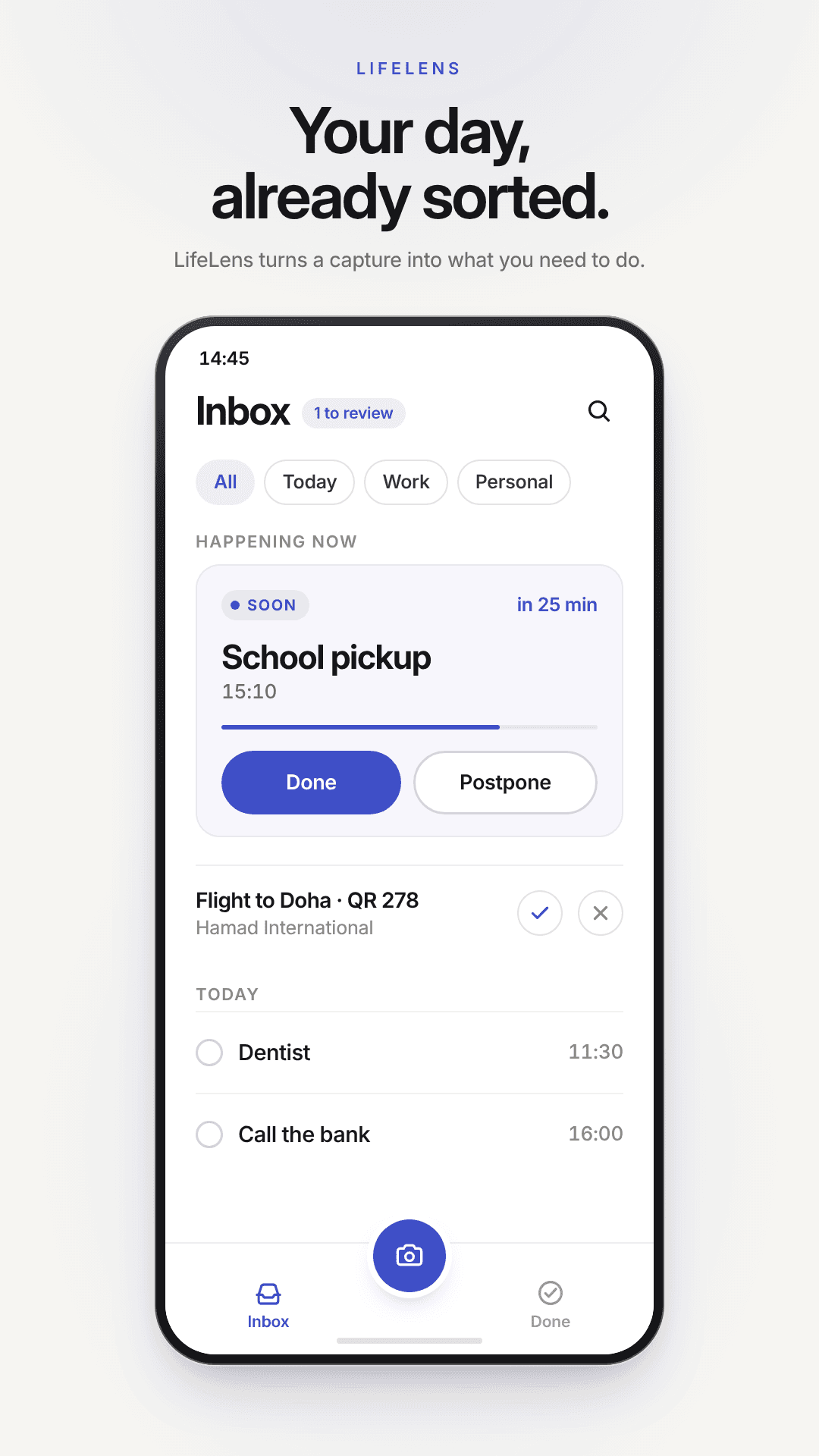LifeLens inbox showing school pickup, a flight to Doha, and today's tasks