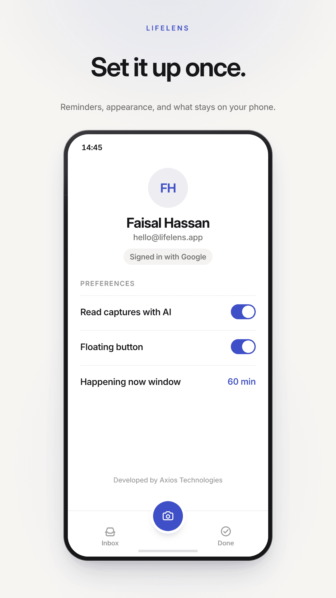 LifeLens profile and preferences screen