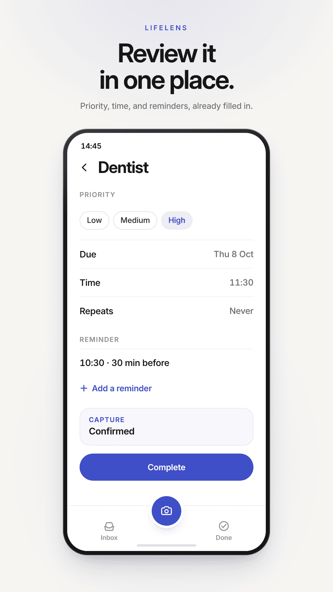 Review a dentist task with priority, due date, time, and reminders