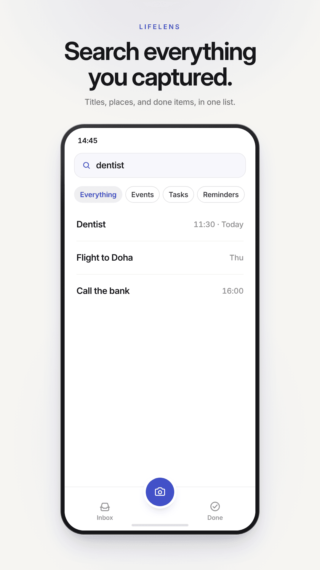 Search captured information across events, tasks, and reminders